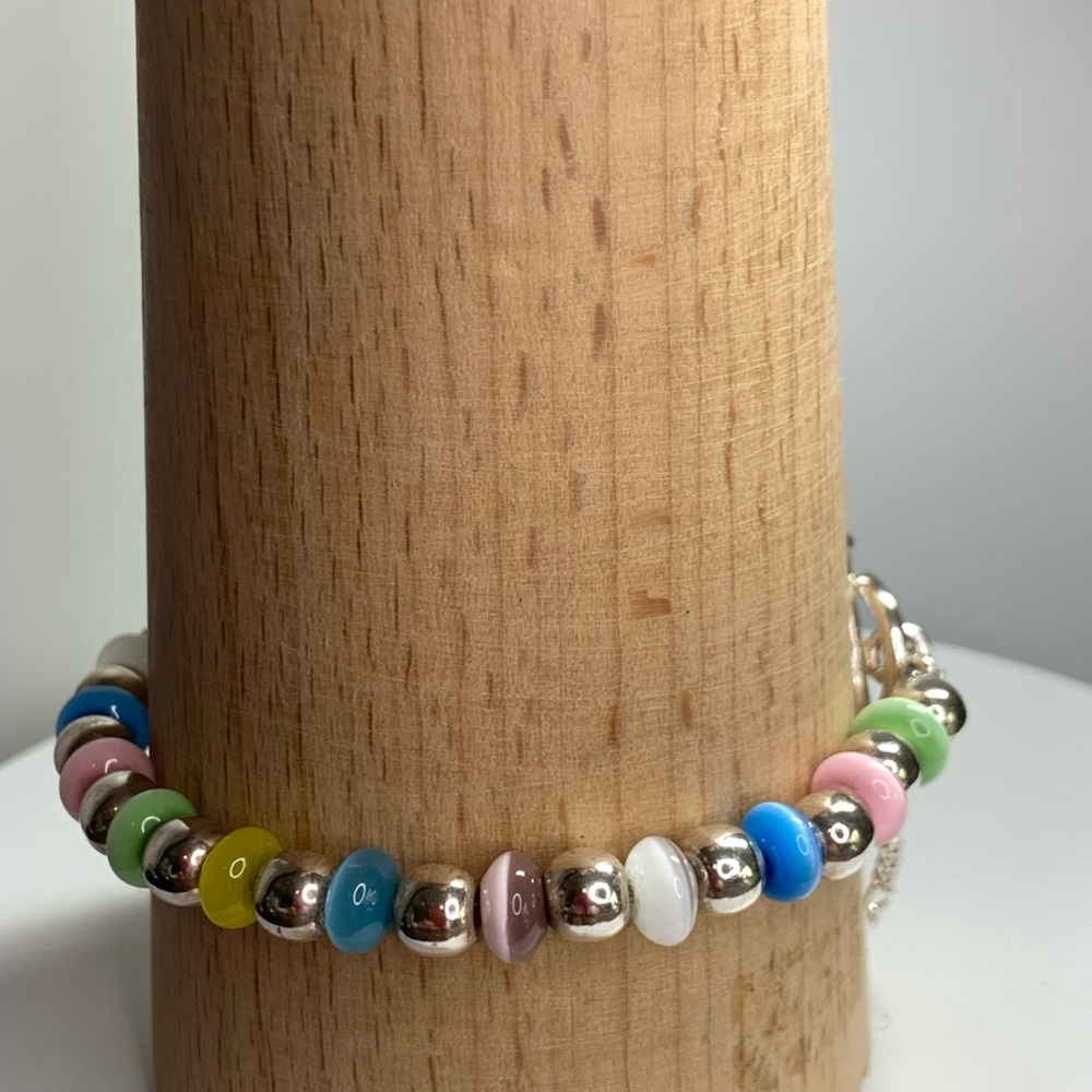 Silpada Rare HTF Sterling Silver Pastel Beaded Toggle Bracelet w/Safety Chain - Picture 7 of 16